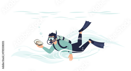 Adventurous diver finds beautiful oyster underwater treasure hunt in ocean depths, exploring marine life and seafood delicacies, a stunning moment