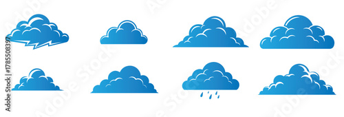 Blue cloud collection, sky weather vector set, isolated air graphic, cloud computing symbol, abstract background element, fluffy cotton design, variety atmosphere illustration