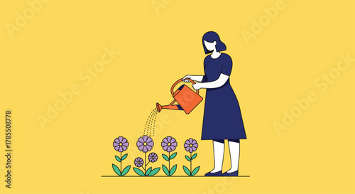 Woman tending vibrant garden with watering can on sunny day, illustrating growth, care, and nature's beauty for spring designs and gardening projects