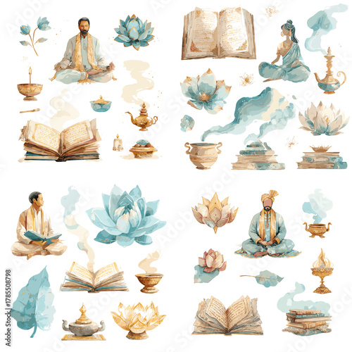 Watercolor mystical illustration set featuring open books, meditation scenes, lotus flowers, incense burners, lamps, and spiritual fantasy elements.