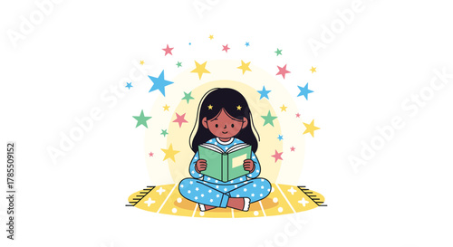 Adorable little girl reading a captivating bedtime story, surrounded by colorful stars in her cozy pajamas on magical night