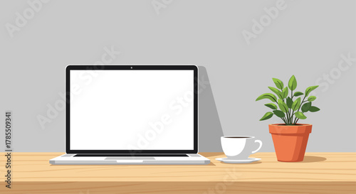 Modern workspace mockup featuring a laptop with a blank screen, coffee, and plant, perfect for showcasing your website or app designs elegantly