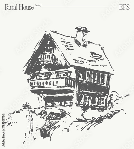 A charming and picturesque illustration of a rustic rural house rendered in a detailed sketch style