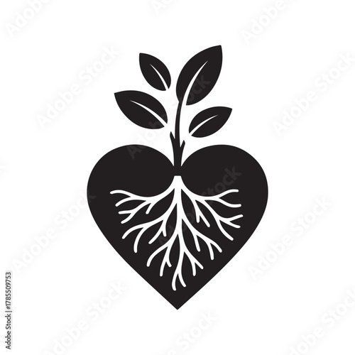 Heart with plant and roots growing