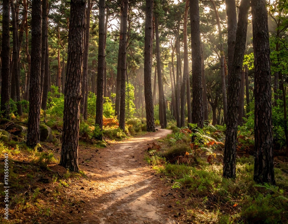 Fototapeta premium A sunlit trail winds through a vibrant forest scene