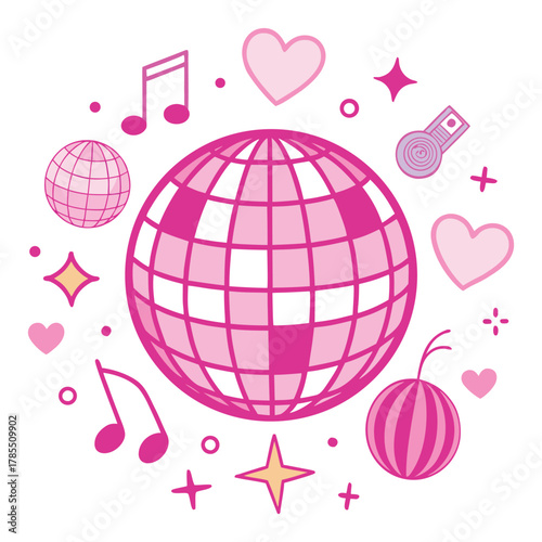 disco ball, music notes, hearts and other items around a disco ball