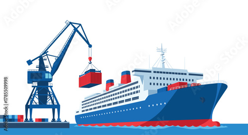 Cruise ship loading cargo containers with a crane for global trade and shipping logistics, creating a modern ocean transport network illustration