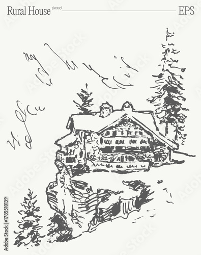Charming and Inviting Rural House Sketch Featuring a Beautiful and Scenic Landscape View