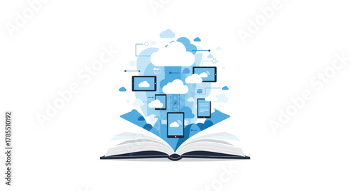 Unlock digital knowledge with cloud technology and mobile devices in open book for education, technology and business concepts