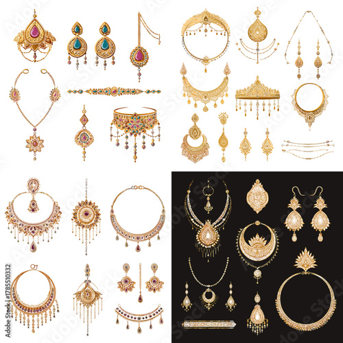 Elegant Indian gold jewelry illustration set featuring ornate necklaces, earrings, chokers, and bridal ornaments with rich traditional patterns and gemstone accents.