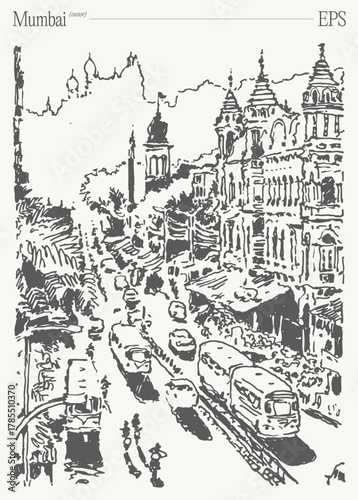 A detailed illustration of a vibrant Mumbai street scene, showcasing vintage charm and culture