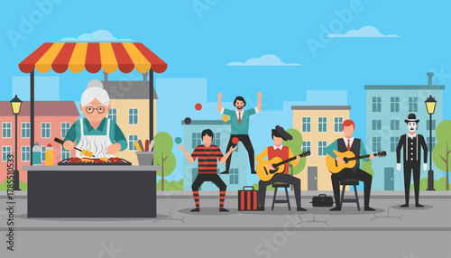 Lively street performers entertaining crowds with music, juggling, and delicious food from a street vendor in a vibrant city scene