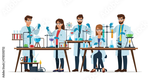 Dynamic team of scientists conducting experiments in a modern lab for pharmaceutical research and innovative healthcare solutions development
