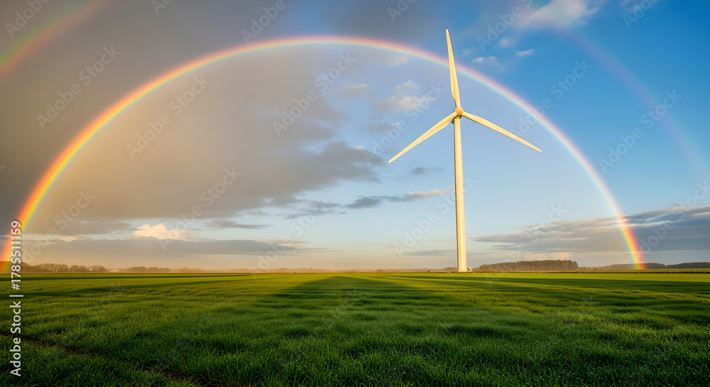 Naklejka premium Sustainable Future: Majestic Wind Turbine Under a Double Rainbow in Green Field