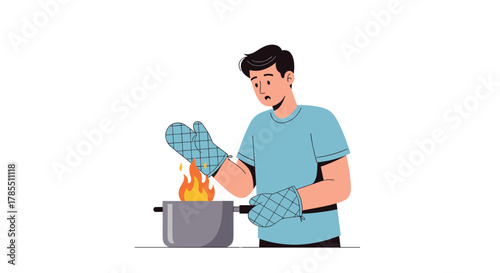 Oh no, dinner is ruined! Surprised man with oven mitts watches flames engulf cooking pot in kitchen mishap, perfect for humor or lifestyle uses