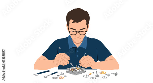Watchmaker meticulously repairing intricate wristwatch mechanism with precision tools and keen focus, a testament to craftsmanship and artistry