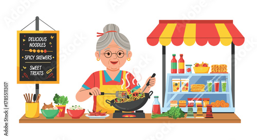Friendly grandma cooking delicious noodles and treats at bustling food stall, ready for hungry customers seeking tasty street food