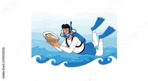 Scuba diver discovering oyster underwater in ocean waves, perfect for travel blogs and seafood promotions with a vibrant, dynamic style
