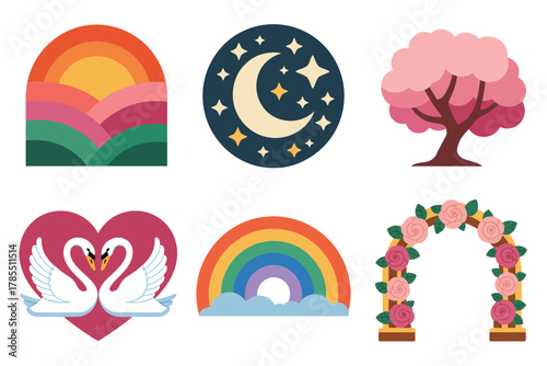 Flat illustration set for romantic scene, featuring swan, rainbow, arch, moon, and flowering tree.