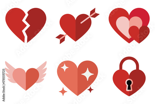 Flat vector icon set for love emotion, featuring broken heart, arrow, wings, and padlock symbols.