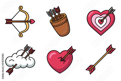 Colored outline vector icons for love symbols, showing cupid arrow, target, heart, and quiver icons.