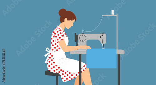Creative woman sewing stylish blue fabric with a vintage sewing machine wearing a cute polka dot dress in her cozy studio workshop