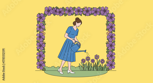 Charming woman watering flowers in bloom with flower frame on yellow background for garden business, nature illustrations, and spring projects