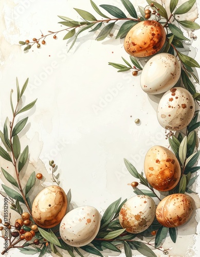 Eggs, greens frame watercolor-painted empty copy space