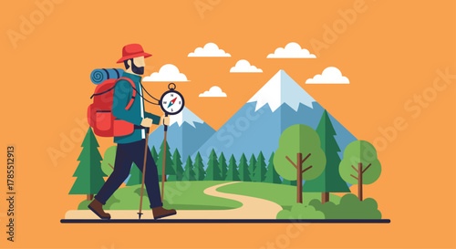 Adventurous hiker with compass and backpack exploring scenic mountain trail, perfect for outdoor adventure and travel marketing campaigns