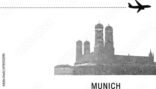 Munich Skyline Airplane Travel Dot Pattern Black and White
