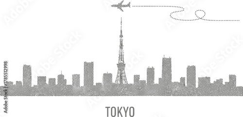 Tokyo Skyline with Airplane and Dotted Flight Path