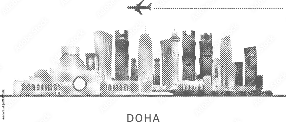 Fototapeta premium Doha Skyline with Airplane in Halftone Style