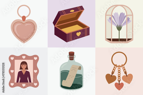 Stylized flat illustration set for carnival souvenirs, showing heart pendant, jewelry box, flower, and key symbols.