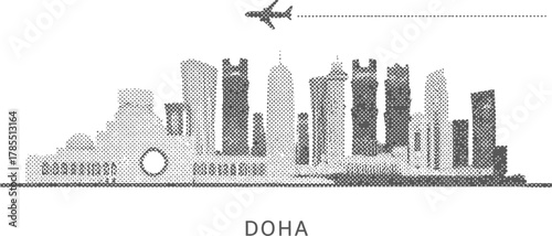 Doha Skyline with Airplane in Halftone Style