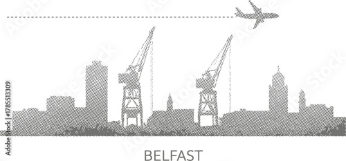Belfast Skyline Silhouette with Airplane and Cranes