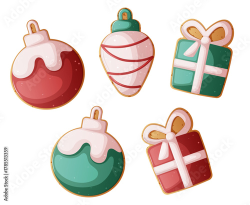 Bauble Christmas Ornaments, Light Bulb & Gift Box Shaped Cookie Collection with Red, White & Green Icing. Festive Biscuits Isolated Illustration