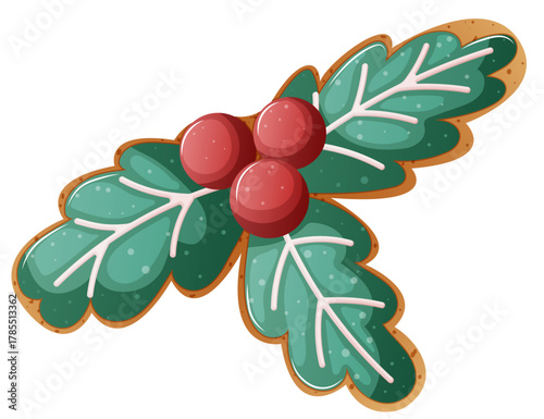 Holly Shaped Cookie with Colorful Icing. Detailed Festive Treat Illustration Isolated