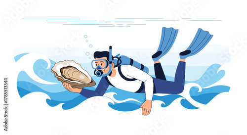 Excited scuba diver finds a giant oyster underwater, a treasure of the sea, perfect for adventure and seafood lovers