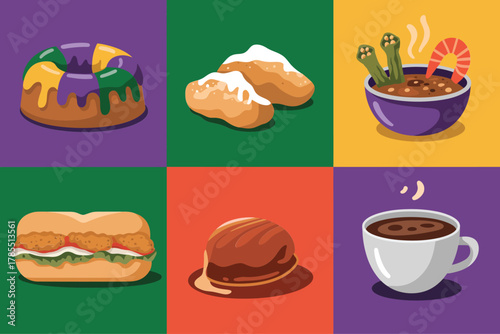 Flat color block illustration set for traditional food, showing king cake, gumbo, beignet, and hot coffee drink.