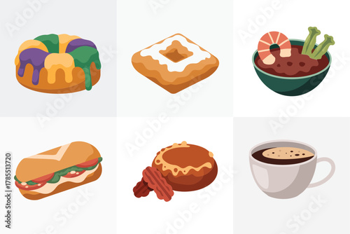 Detailed flat illustration set for Mardi Gras feast, featuring king cake, gumbo, beignet, and hot coffee drink.