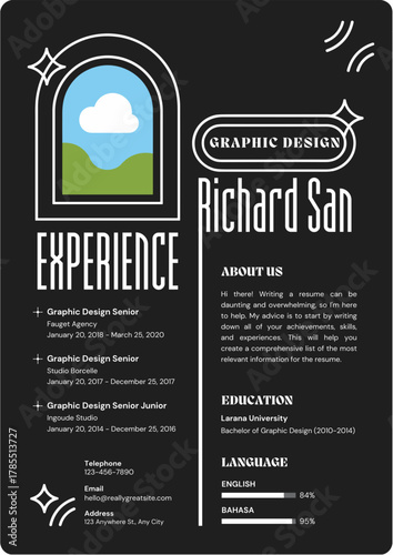 Modern graphic design resume featuring richard san with experience details
