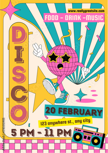 Retro disco party poster with cartoon disco ball and vintage design elements