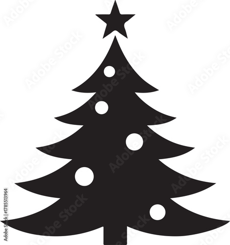A black silhouette of a decorated christmas tree with a star on top and round ornaments, representing the holiday season, celebration, winter, and festive cheer on a white background