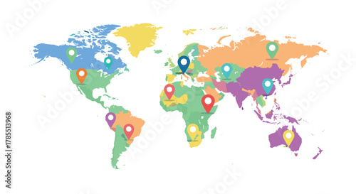 Global business locations with vibrant world map and pinpoint markers, perfect for international companies and travel agencies promotions
