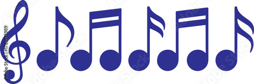 A collection of blue musical notes and a treble clef on a white background, representing music, melody, harmony, rhythm, and sound in a simple, clean graphic illustration