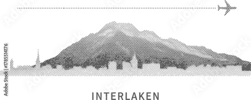 Interlaken Cityscape with Mountains and Airplane in Halftone Style