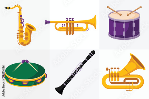 Flat vector icon set for carnival music, featuring saxophone, trumpet, drum, and clarinet symbols.