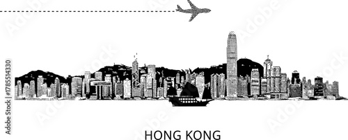 Black and White Hong Kong Skyline with Airplane and Junk Boat