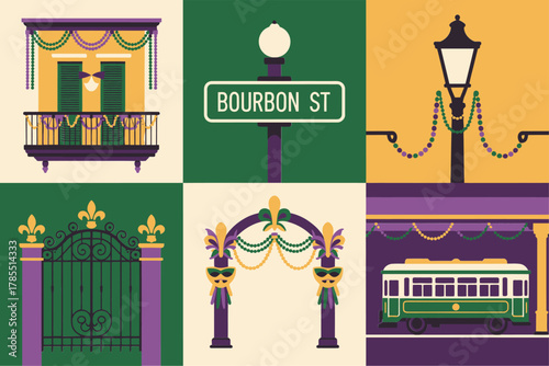 Detailed flat illustration set for carnival architecture, showing street sign, balcony, gate, and trolley symbols.