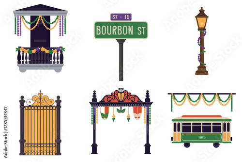Flat illustration set for New Orleans street, featuring street sign, balcony, gate, and trolley symbols.